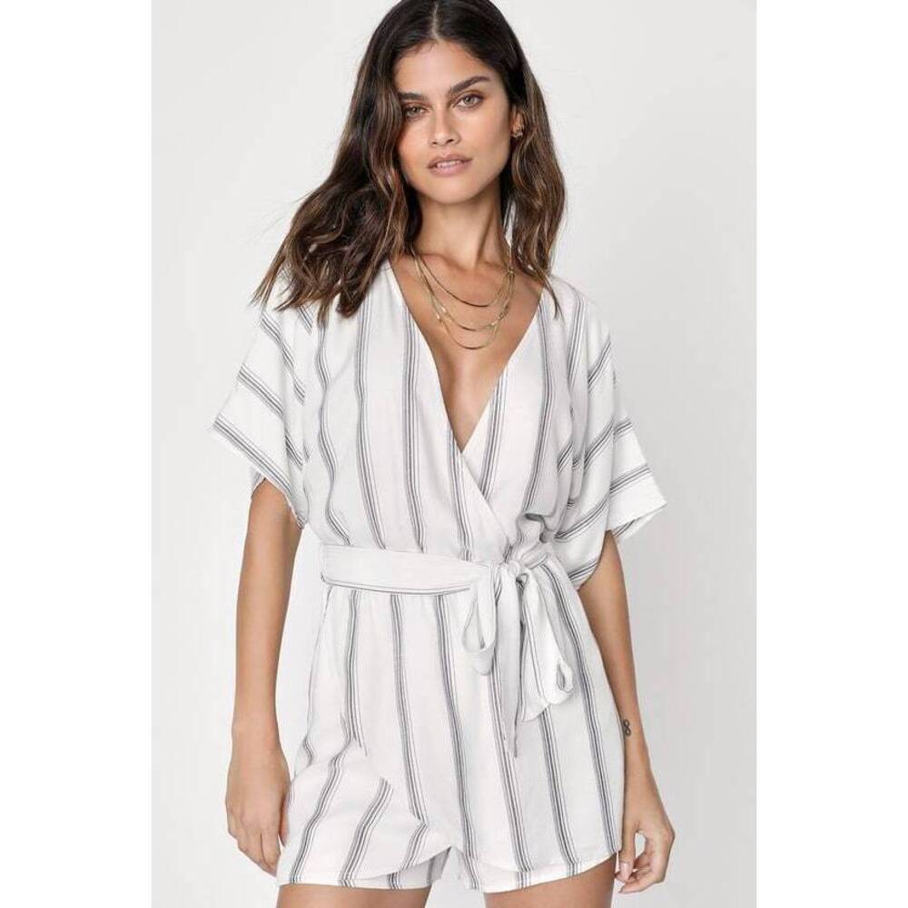 Lulus Climb Aboard Grey And White Striped Faux-wrap Romper - Size XS